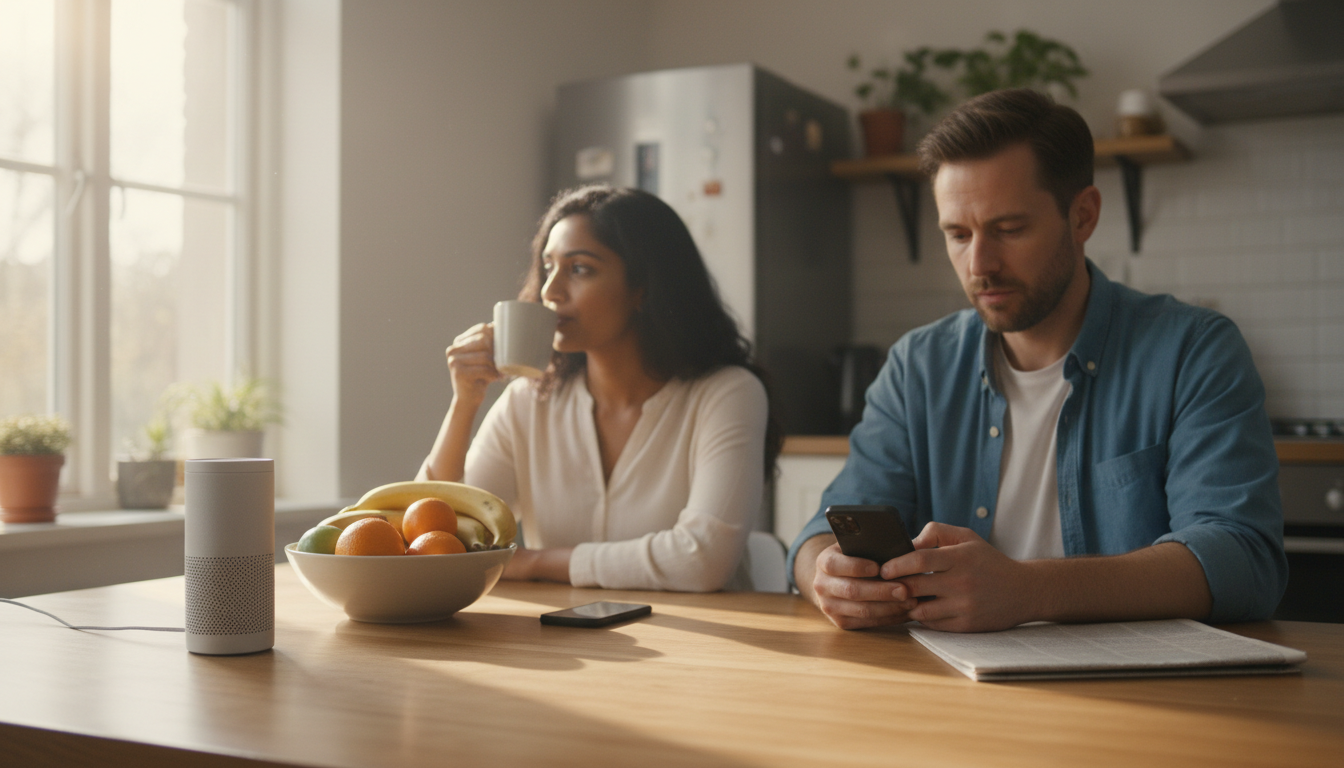 A family table in the morning, a voice speaker beside a bowl