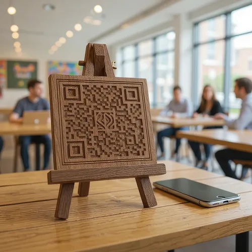 QR code décoratif présenté dans un hall d'école