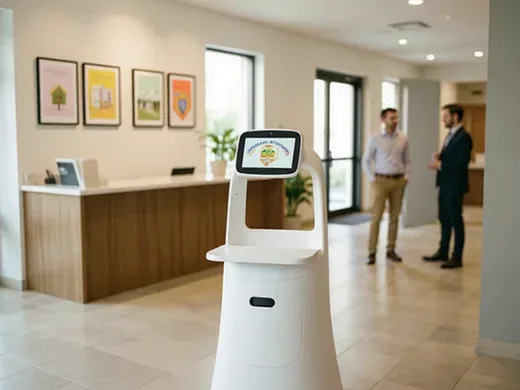 Robot d'accueil g&eacute;n&eacute;rique dans le hall d'un campus