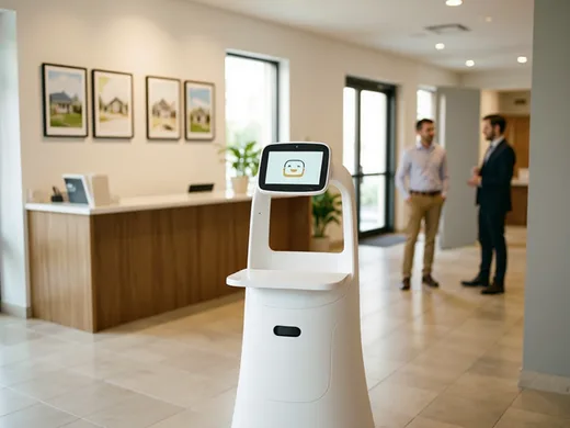 Robot d'accueil g&eacute;n&eacute;rique dans le hall d'une agence immobili&egrave;re