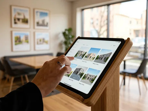 Tablette tactile pr&eacute;sentant les annonces dans une agence immobili&egrave;re