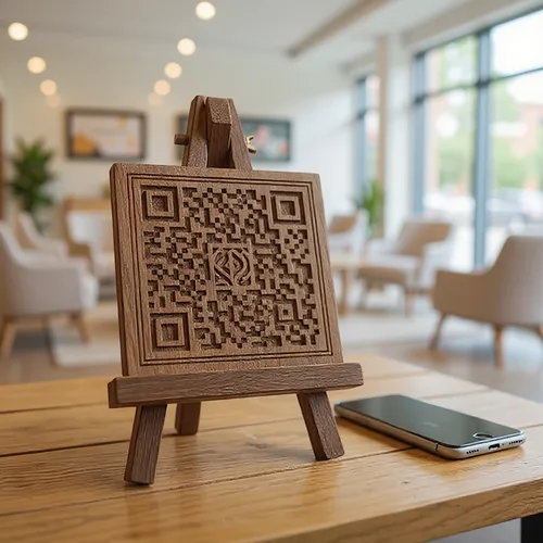 QR code décoratif présenté dans un hall d'accueil