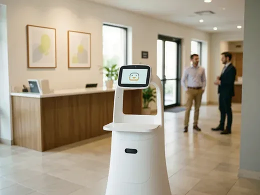 Robot d'accueil g&eacute;n&eacute;rique dans un hall d'&eacute;tablissement